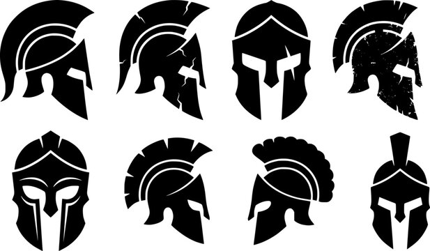 Spartan helmet silhouette collection, 8 ancient Greek warrior head icons, distressed gladiator armor vector set for sports mascots and logos