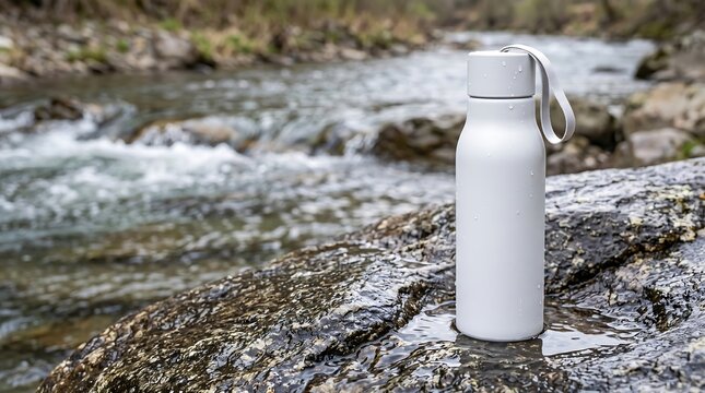 Reusable water bottle on a wet rock by a mountain river