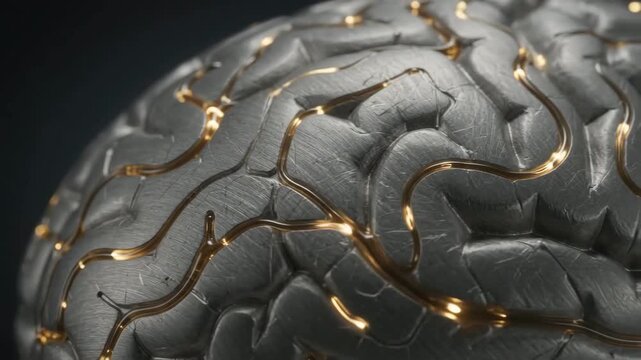 Close-up video of a metallic artificial intelligence brain with glowing golden neural pathways.