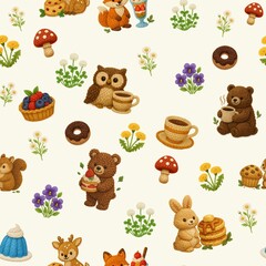 Fototapeta premium Cute Woodland Animals Seamless Pattern with Embroidery Texture