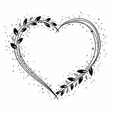Hand-drawn heart frame with leafy vines and grunge ink splatters
