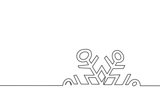 Minimalist continuous line snowflake rising from horizon winter art