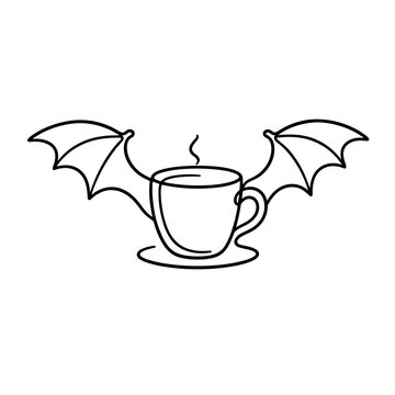Bat winged coffee cup continuous line drawing, spooky vampire brew hot tea mug vector icon, gothic cafe autumn menu logo and coffee shop Halloween banner