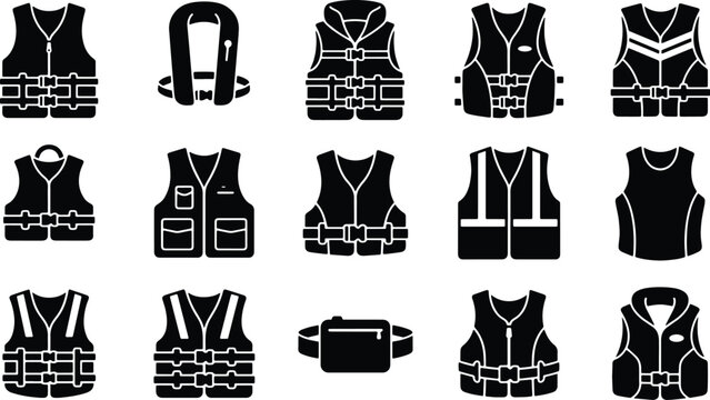 Black life jacket safety vest silhouette collection featuring diverse buoyancy aid designs