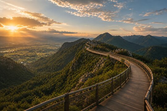 Wooden skywalk on a scenic mountain ridge at sunset with panoramic views of the valley and peaks