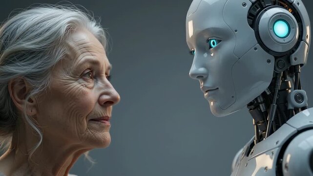 Close-up video clip of a senior woman and a humanoid robot looking at each other with an empathetic gaze.