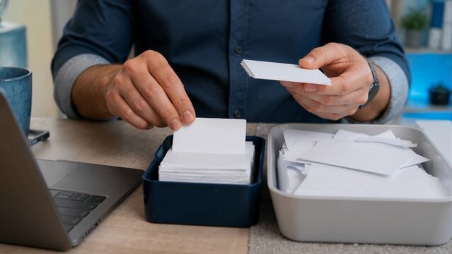 Professional sorting blank cards for personal data minimization. Hands discarding unnecessary information into a bin on office desk