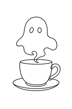 Ghost steam rising from tea cup with saucer one line art, cute phantom vapor hot beverage vector icon, cozy spooky autumn cafe menu and coffee shop poster