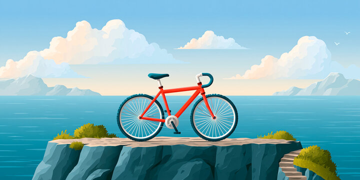 Flat vector illustration of a red bicycle parked on a rocky cliff edge overlooking a calm blue ocean with distant mountains and fluffy clouds in a serene coastal scene beautifully.
