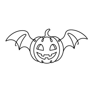 Bat winged Halloween pumpkin continuous line art, flying jack-o-lantern vector icon, spooky cute party decor and children halloween print