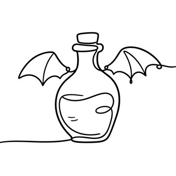 Potion bottle with bat wings single line illustration, magic elixir vial with cork stopper vector icon, Halloween apothecary packaging label and gothic alchemy print