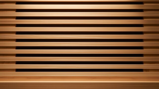 Minimalist wooden louver wall with product podium stage and warm spotlight illumination