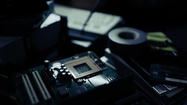 Motherboard under diagnostic lighting with tools and probes, focused scene showing connectors, tape roll and measurement instruments, clinical workshop mood