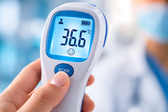 Hand holding infrared thermometer showing normal body temperature reading