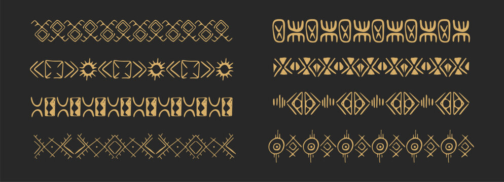 Tribal golden border set with African motifs crayon scribbles geometric patterns on dark background. Polynesian lines and ancient wave designs for ethnic decor projects.
