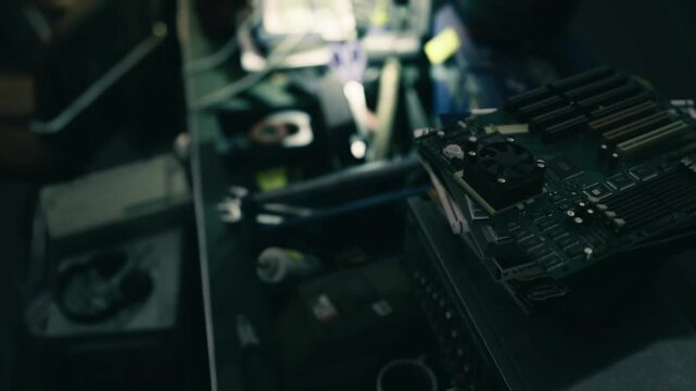 Soldering station with circuit prototype visible and blurred tools in background, stacked boards and heat sink elements suggest assembly and testing, maker