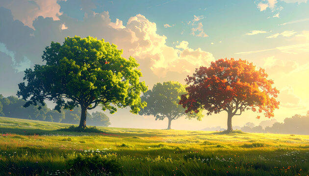 Trees in meadow under cloudy sky