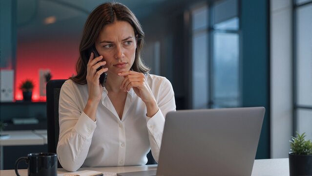 Concerned businesswoman talking on a smartphone while sitting at a desk with a laptop. Professional woman receiving a suspicious phone call in a modern office. Social engineering and scam concept