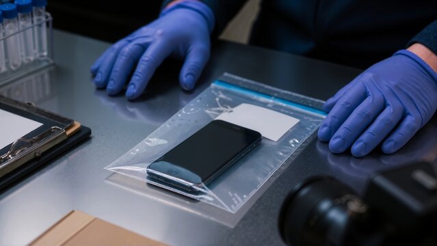 Smartphone sealed in a clear plastic digital evidence bag on a metal table. Forensic investigator wearing blue gloves handling mobile device in a laboratory. Cyber crime investigation concept