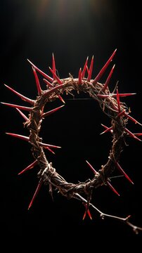A circular crown of thorns with sharp red spikes against a dark background.