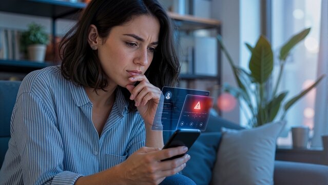 Worried woman looking at a smartphone with a digital warning hologram. Female user receiving a suspicious mobile banking alert on her device at home. Cyber security threat and fraud concept