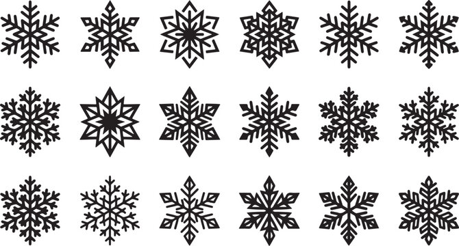 Minimalist monochrome snowflakes with geometric patterns on a plain background
