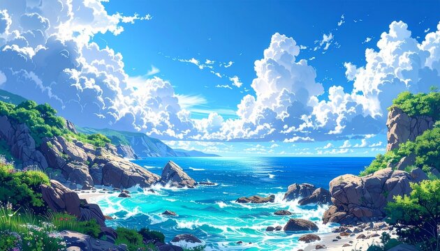 巨大な入道雲が浮かぶ夏の青い海と緑豊かな入り江の風景イラスト