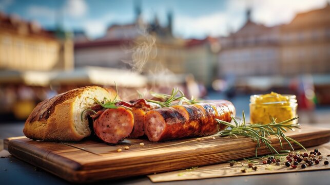  close-up of authentic Prague grilled sausage, juicy Czech kielbasa sizzling on a rustic wooden board, Dijon mustard, fresh horseradish, artisan bread, steam rising, blurred Prague Old Town market