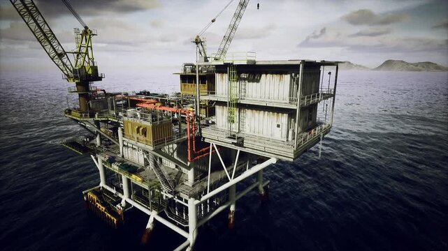 Heavy lift construction on oil rig platform with cranes installing modules, scaffolding and assembly activity against open sea and overcast sky
