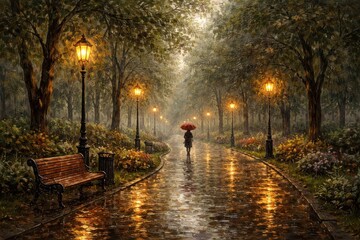 Fototapeta premium Rainy park path with lights.