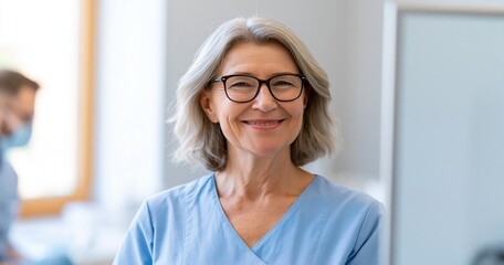 Fototapeta premium Smiling senior female nurse in medical uniform
