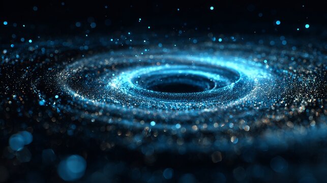 Futuristic blue particle vortex with glowing data points and spiral motion, abstract digital technology background with cinematic depth.
