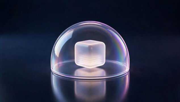 Transparent dome protects glowing cube on dark background, symbolizing enterprise risk management, control, resilience, protection, and strategic oversight.