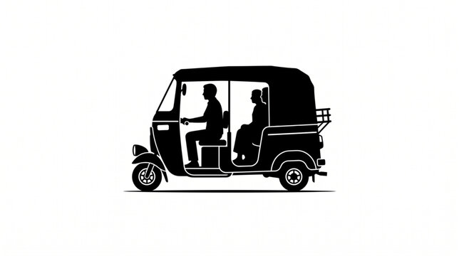 Black silhouette of a tuk tuk auto rickshaw with passengers