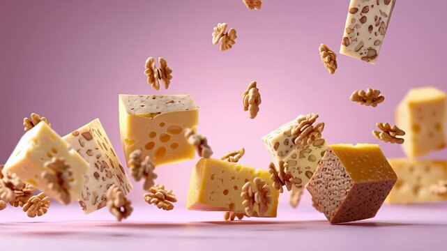 Floating cheese and walnut composition on pink backdrop