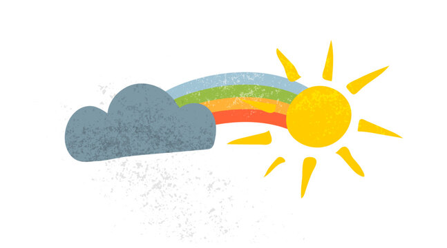 Sun, cloud and rainbow vector illustration. Cute textured weather icon isolated on white background, perfect for kids design, stickers, prints, weather forecast graphics