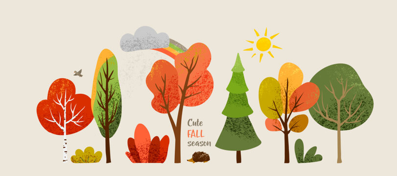 Autumn trees vector set with sun, rainbow, cute hedgehog. Seasonal forest background illustration featuring colorful fall foliage with noise texture, perfect for landscape design elements