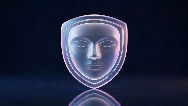 Glowing shield with human face icon on dark background, symbolizing identity theft protection, biometric security, digital privacy, and cyber defense.