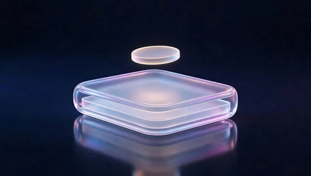 Translucent digital stack and floating disk symbolize payroll management software, secure data, automation, and cloud payment system.