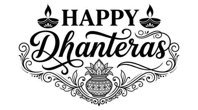 Happy Dhanteras black typography banner with kalash and diya lamps