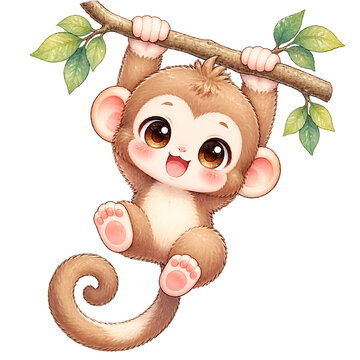 Cute Baby Monkey Hanging Tree Branch Watercolor Illustration