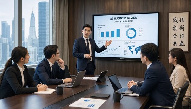 Business team in meeting room presenting charts to colleagues in city view office