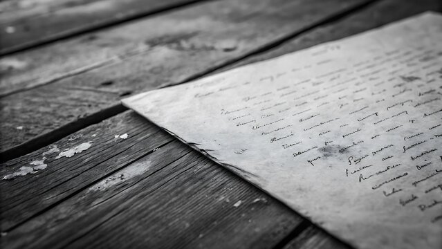 Old vintage handwritten letter resting on a rustic weathered wooden board surface