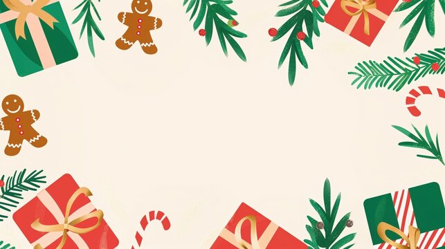 Overhead 2D flat lay illustration of a Christmas botanical frame 