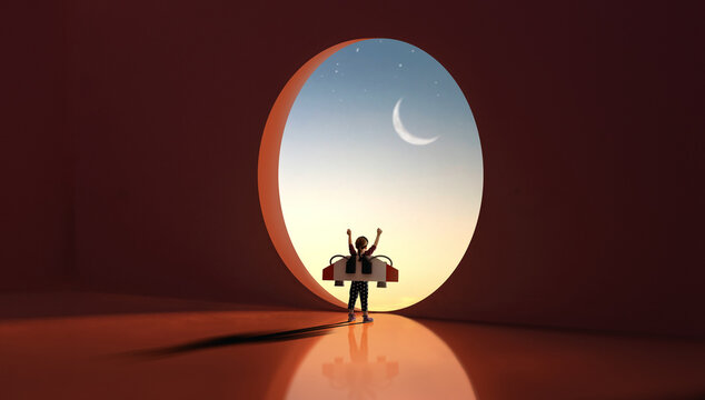 Dream Big Concept . Child with Toy Jetpack Gazes at Crescent Moon Through Round Window at Night