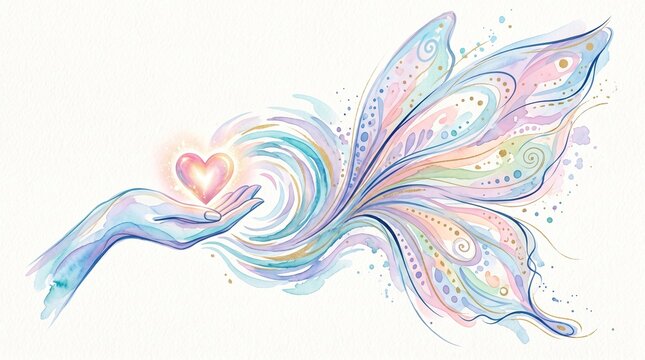 Watercolor Illustration of a Hand Holding a Glowing Heart Transforming into Colorful Butterfly Wings