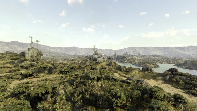 Wide panoramic view of rolling scrubland and lake with distant ridgeline and open sky, expansive wilderness feel with lookout points, scattered stone ruins