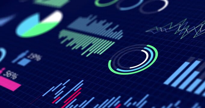 Chart, graphs and screen with data analytics for statistics, insight and info for digital marketing. Ui, infographic and animation for user engagement, seo report and performance for website traffic