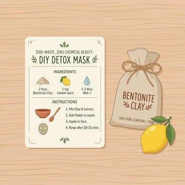 DIY bentonite clay facial mask recipe card with natural ingredients and eco-friendly packaging