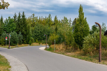 Fototapeta premium Scenic winding path in a lush green forest, with contemporary streetlights and a no cycling sign.